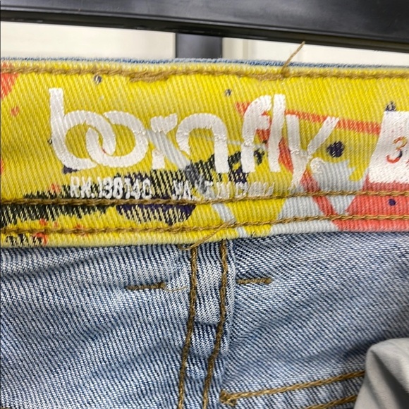 Born Fly Men’s Yellow and Red Art Patchwork Slim Straight Jeans Sz 34 - Picture 2 of 10